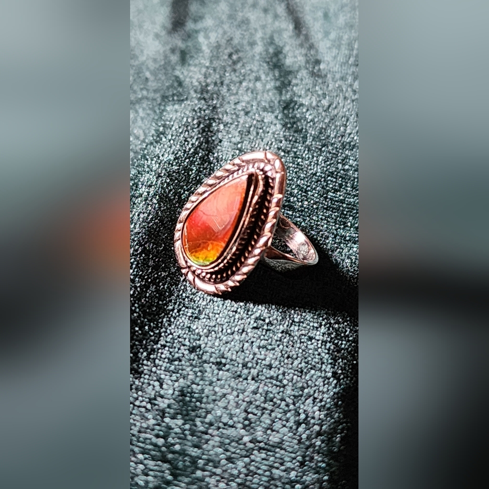 Ammolite Sterling Silver Southwestern Style Bohemian Teardrop Ring Size 6